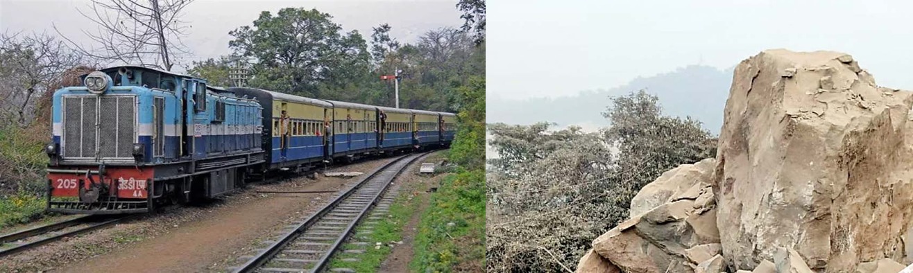 कांगड़ा रेलवे लाइन पर NHAI की जिद से संकट, ट्रैक के ऊपर पहाड़ी पर रखे गए बड़े पत्थर, ट्रेन सेवा प्रभावित